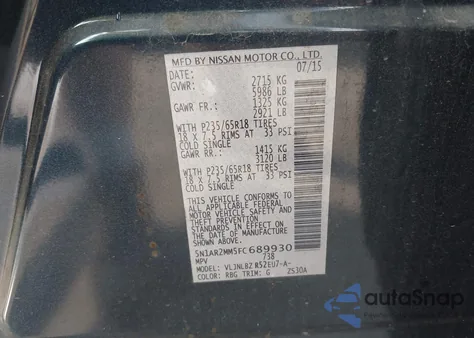 2015 Nissan Pathfinder S z USA, uszkodzony, nr VIN 5N1AR2MM5FC689930